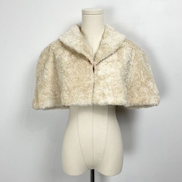 Free People Faux Fur Cape Capelet Shrug Sz XS/S Ivory Formal Asian Satin Lined - Picture 2 of 14